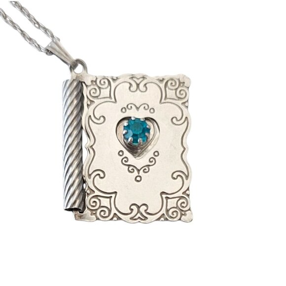 Sterling Silver Articulated Book Pendant Blue Glass Stone Chain Necklace, J36 - Picture 3 of 8
